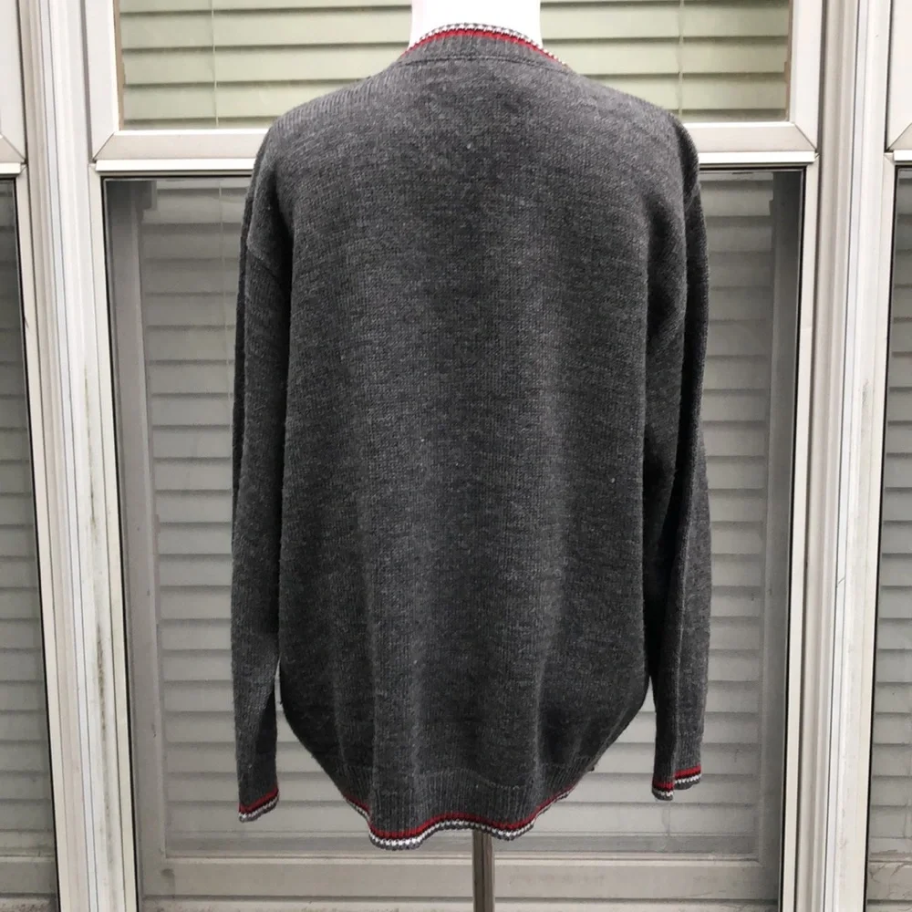 Amana Colonies Gray Red Black Grandma Chic Button Front Sweater size L/XL